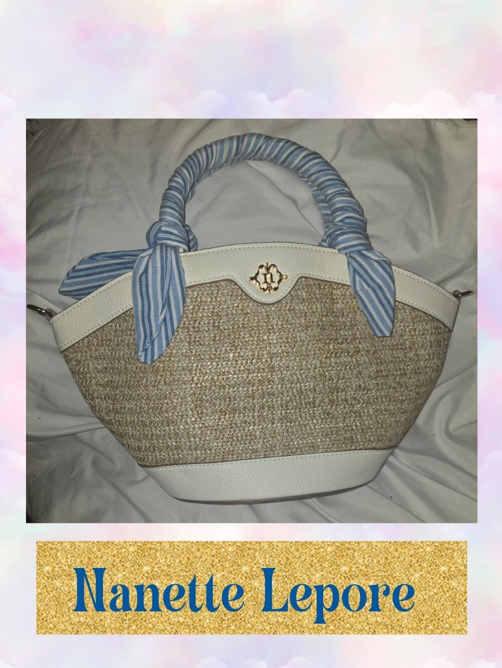 Nanette Lepore White & Natural Woven Tote with Blue Scarf Handle